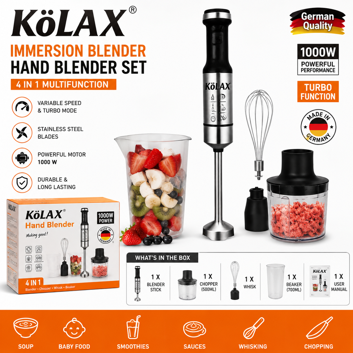 KoLAX 4 in 1 Hand Blender Set 1000W - Made in Germany