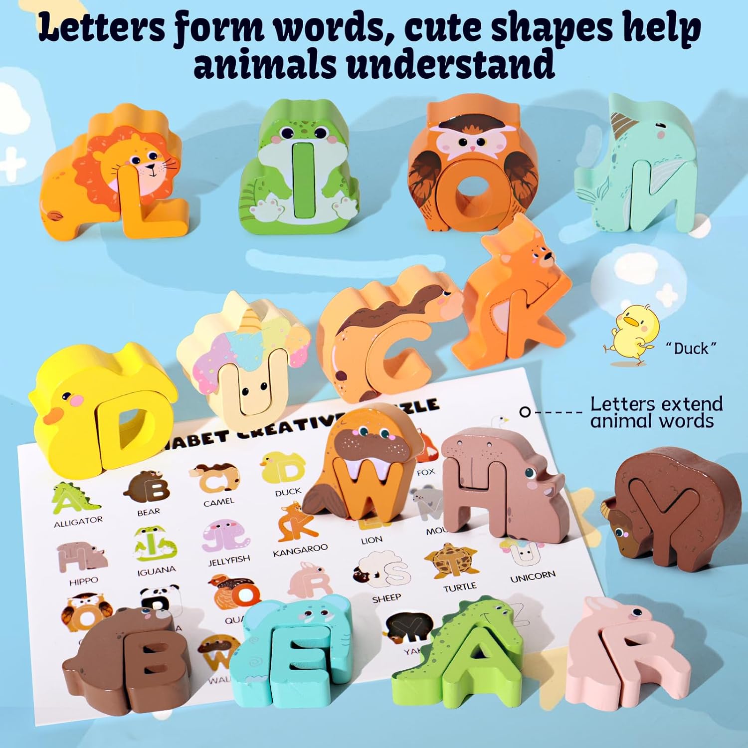 Kids Alphabet Cartoon Creative Wooden Puzzle Letters - 52 Pieces