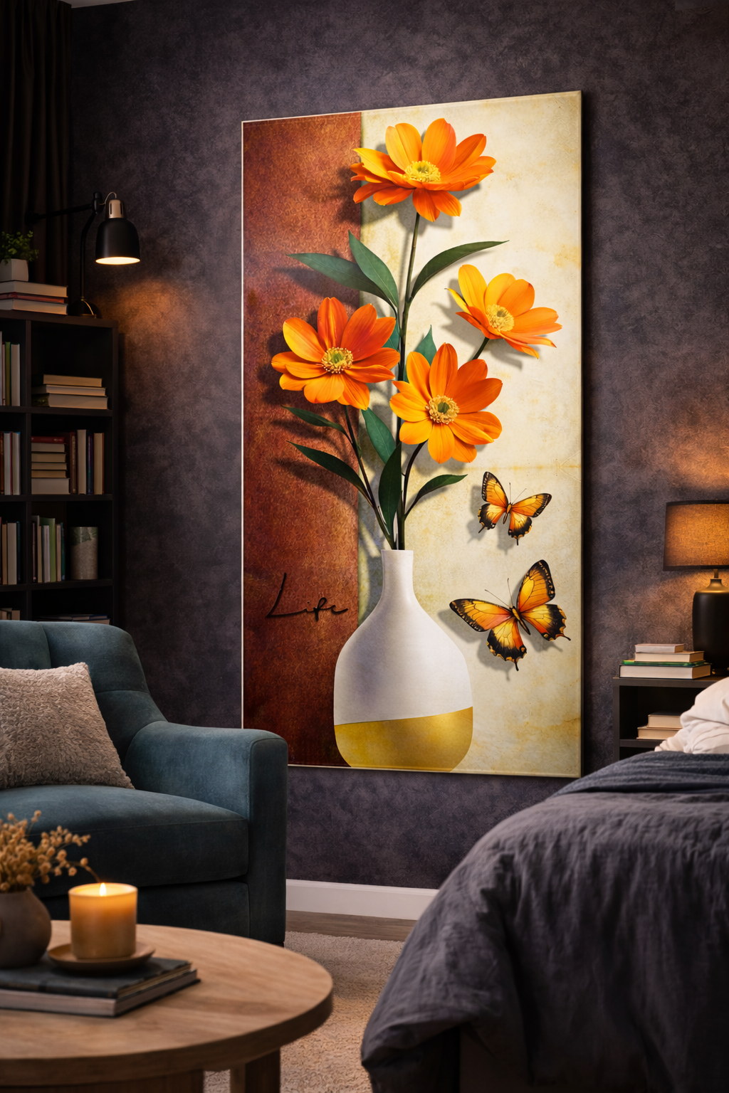 3D Vibrant Orange Floral Wall Poster Sticker - 4 by 2 Feet