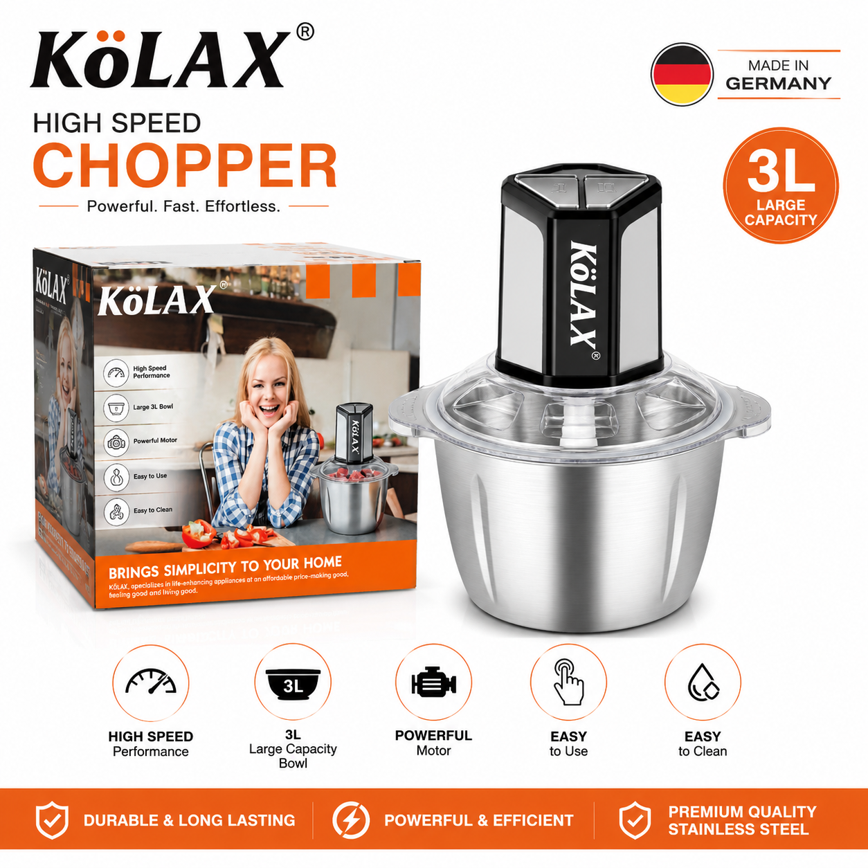 KoLAX Stainless Steel 3L Chopper, Meat Grinder - Made in Germany