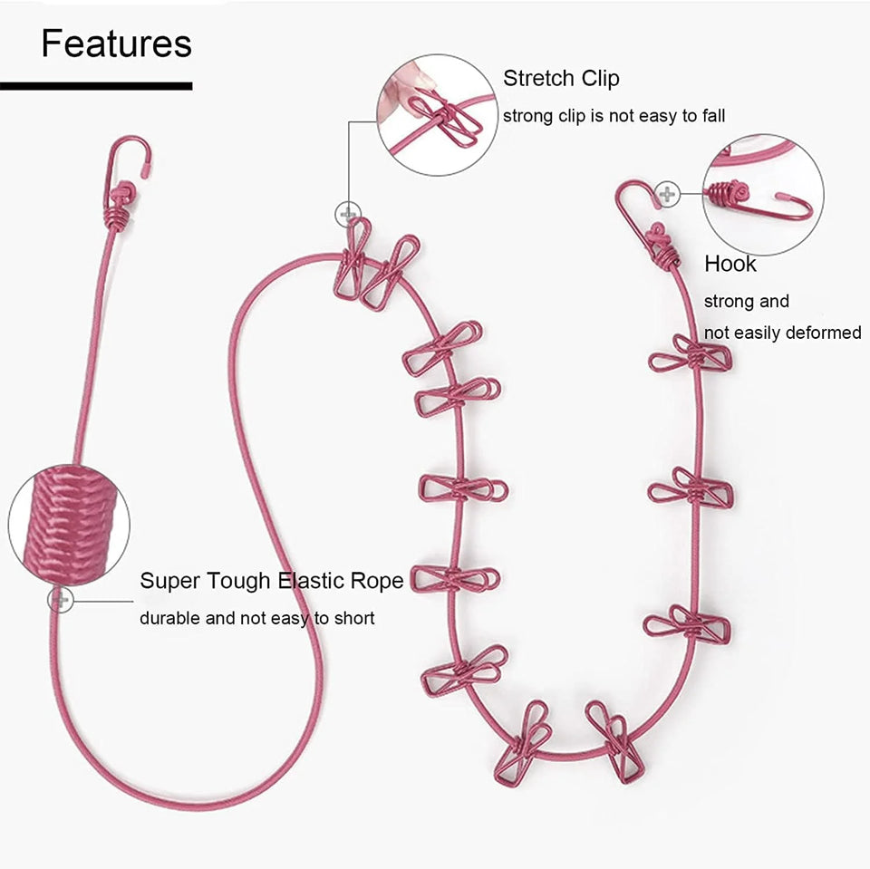 Portable Clothlesine Rope With 12 Clips