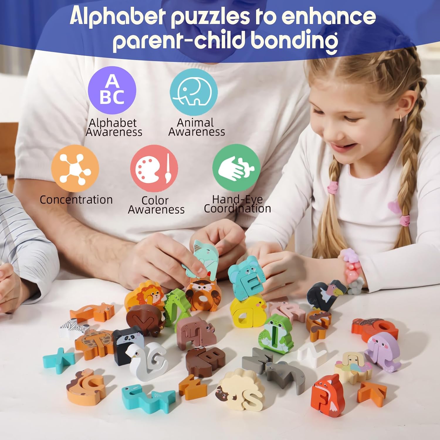 Kids Alphabet Cartoon Creative Wooden Puzzle Letters - 52 Pieces