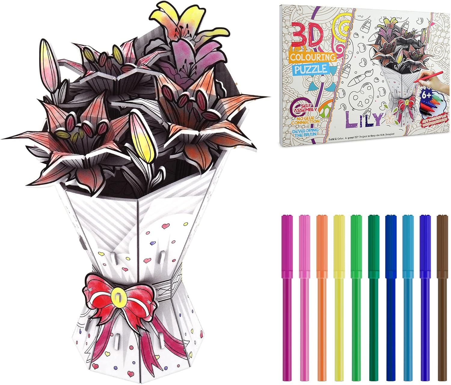 Self Assemble 3D Flower Colouring Puzzle Set With Markers