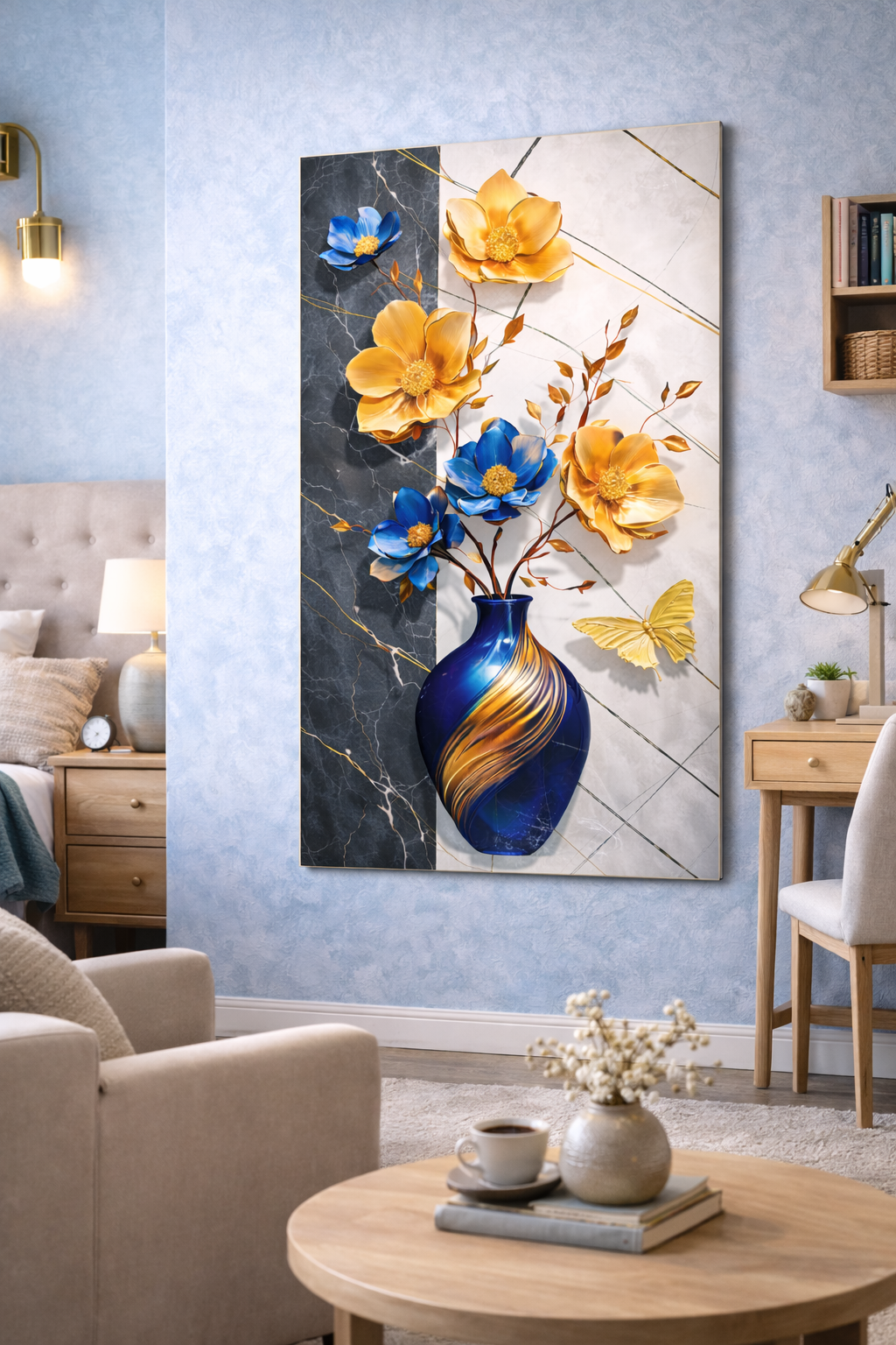 Luxury Blue & Golden Floral Wall Poster Sticker - 4 by 2 feet