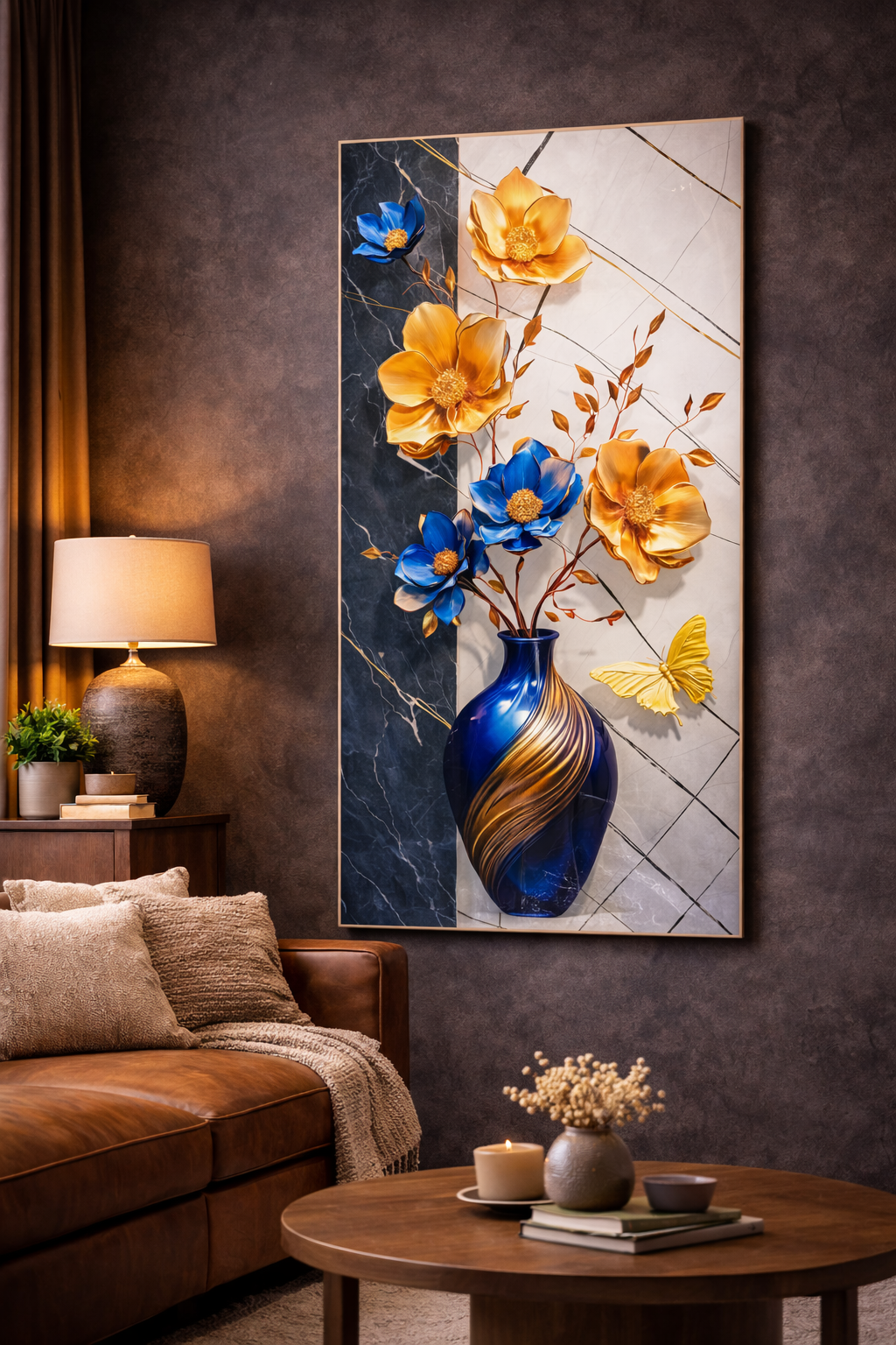 Luxury Blue & Golden Floral Wall Poster Sticker - 4 by 2 feet