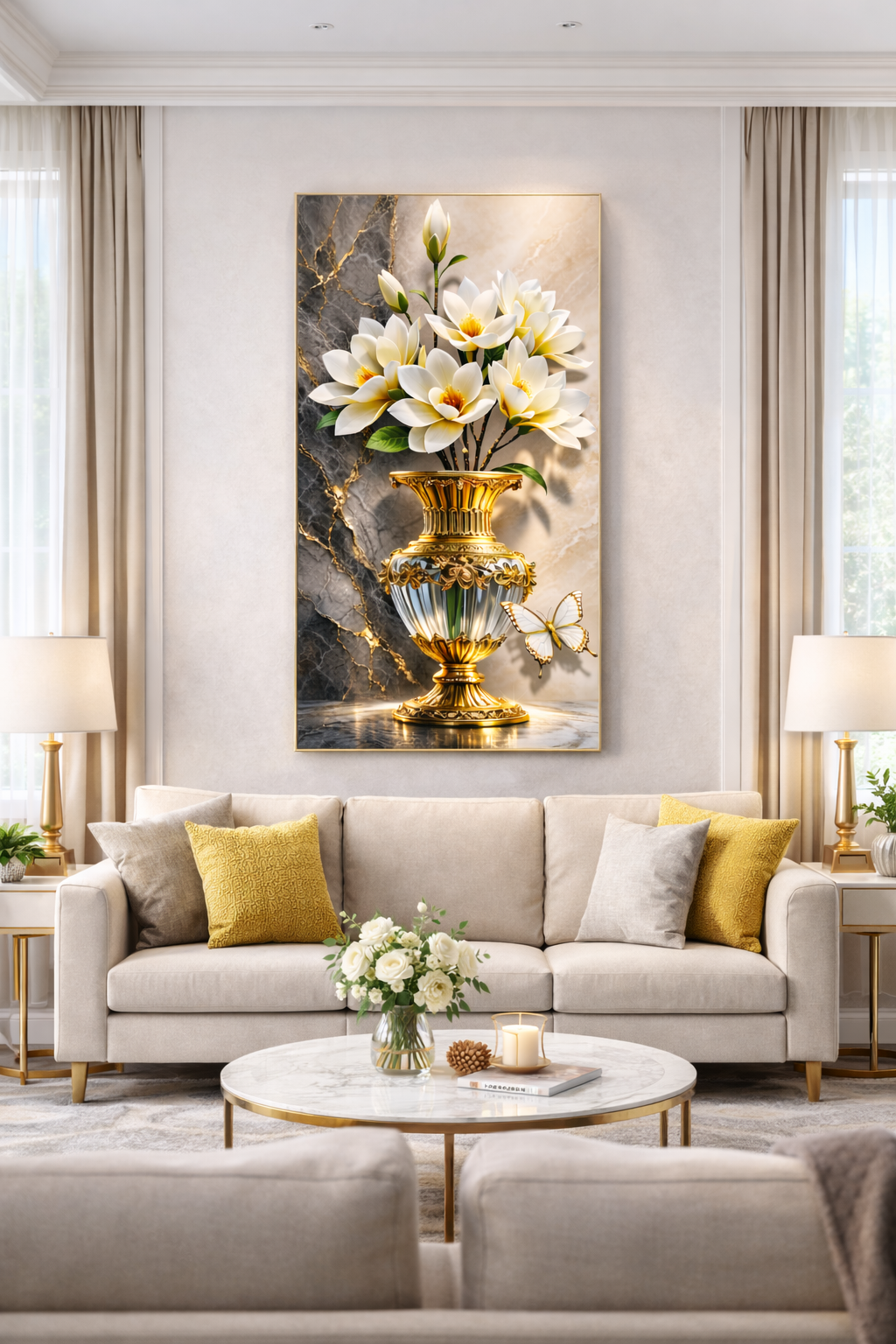 Elegant Magnolia Flower Wall Art with Gilded Vase Sticker - 4 by 2 feet