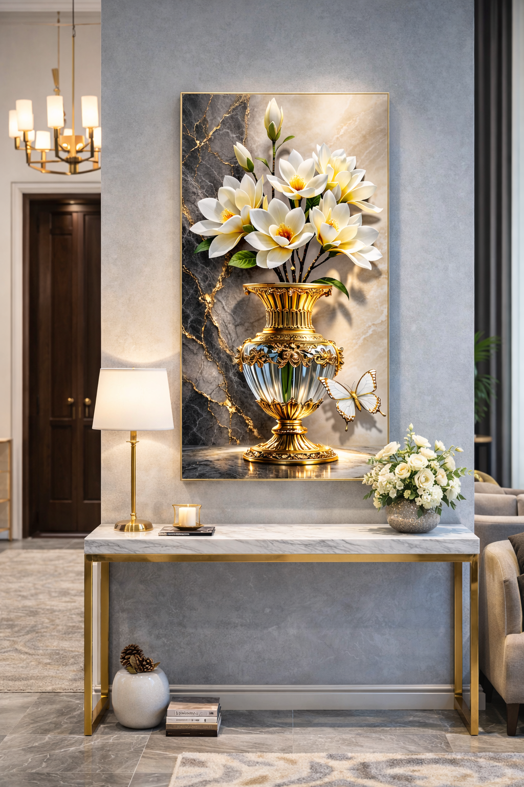Elegant Magnolia Flower Wall Art with Gilded Vase Sticker - 4 by 2 feet