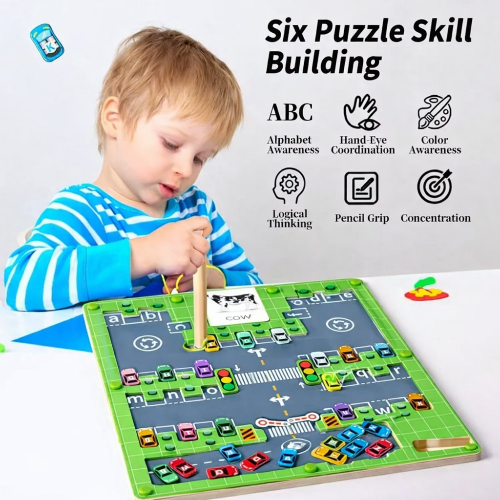 Kids Wooden Montessori Alphabet Parking Maze Magnetic Board