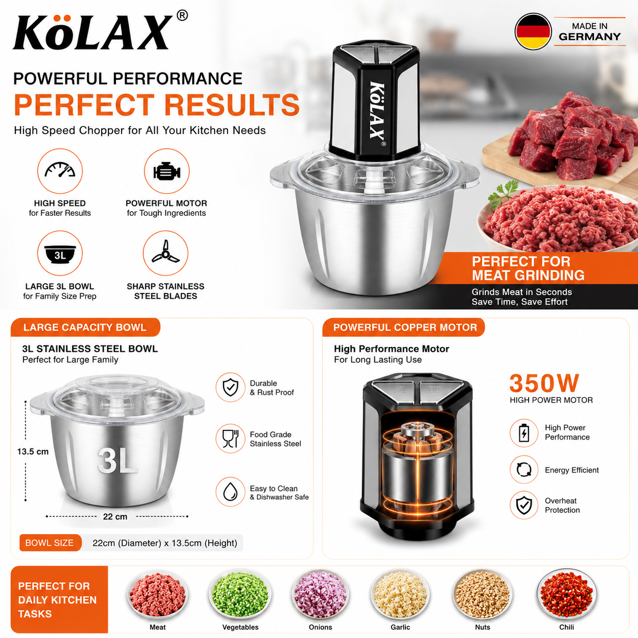 KoLAX Stainless Steel 3L Chopper, Meat Grinder - Made in Germany