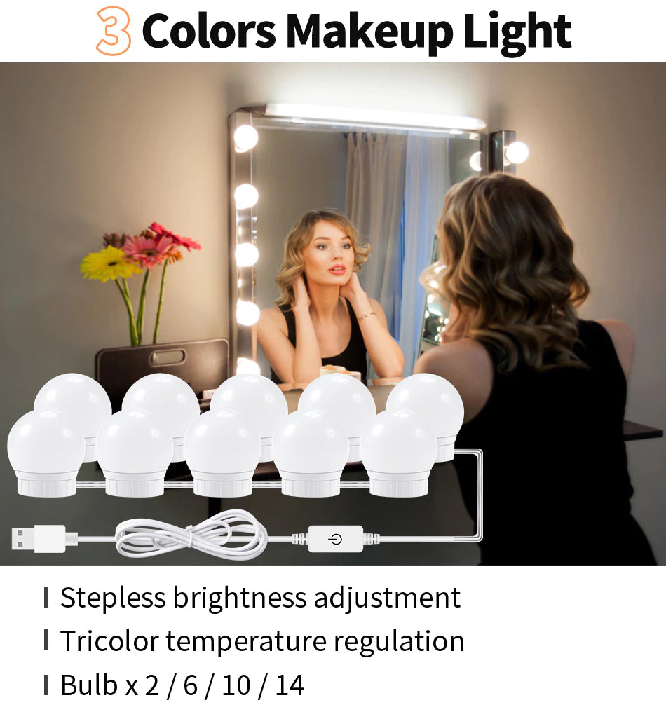 Vanity Light LED Bulbs for Makeup Mirror | 10 Bulbs with 3 Light Modes