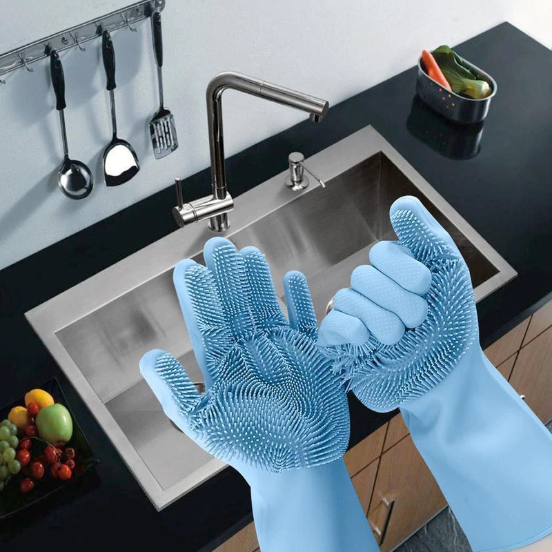 Reusable Silicone Gloves with Built-In Scrubber - Heat Resistant Cleaning Gloves for Dishwashing, Household Tasks, and Car Washing (1 Pair: Right + Left Hand)